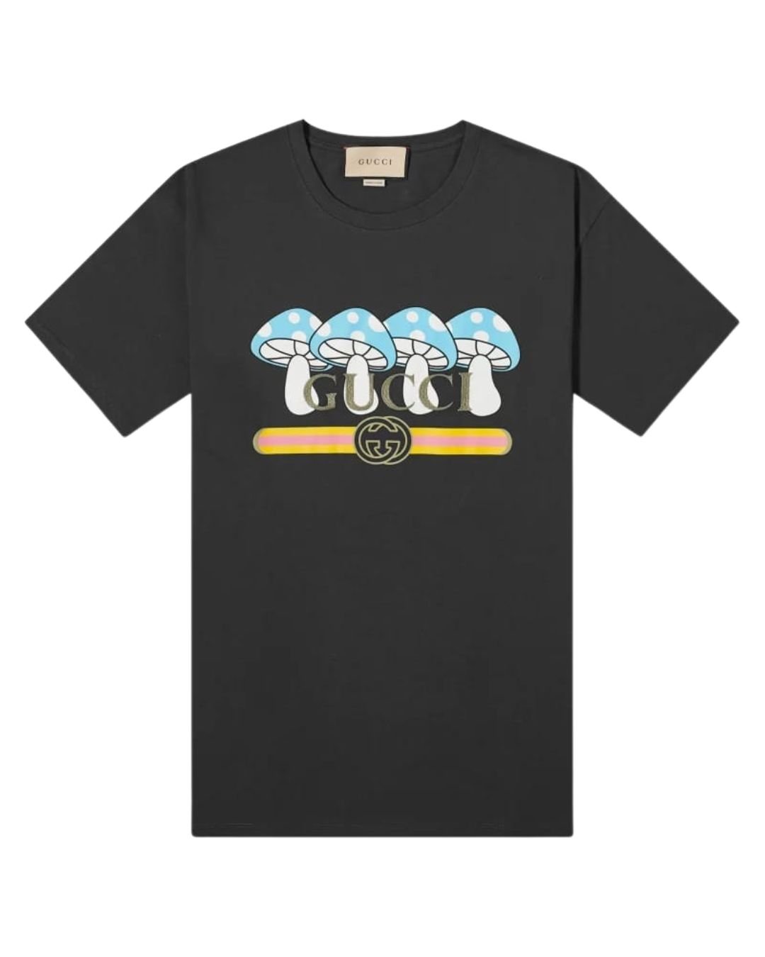 Mens Gucci Mushroom GG Logo Print Cotton Jersey Crewneck Black T-shirt
