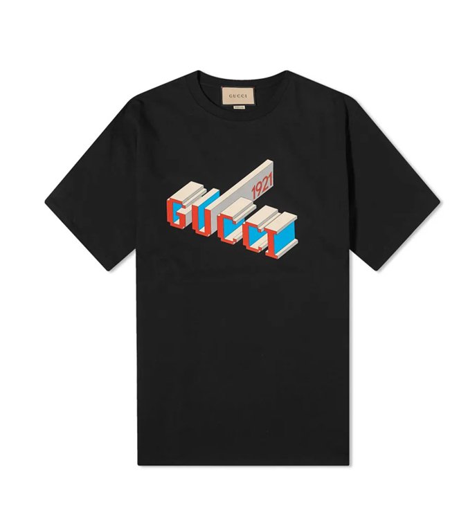 Mens Gucci 3D 1921 Logo Print 'Black Crewneck Cotton Jersey T-Shirt 