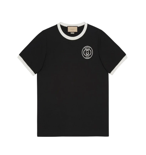 Mens Gucci Embroidered 1921 GG Patch Logo 039;Black Crewneck Cotton Jersey T-Shirt 