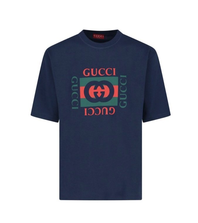 Mens Navy Blue Gucci Interlocking Box Logo Print Cotton Jersey T-Shirt 
