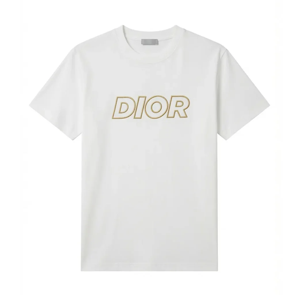 Mens Dior White Cotton Gold Embroidered Logo T-Shirt