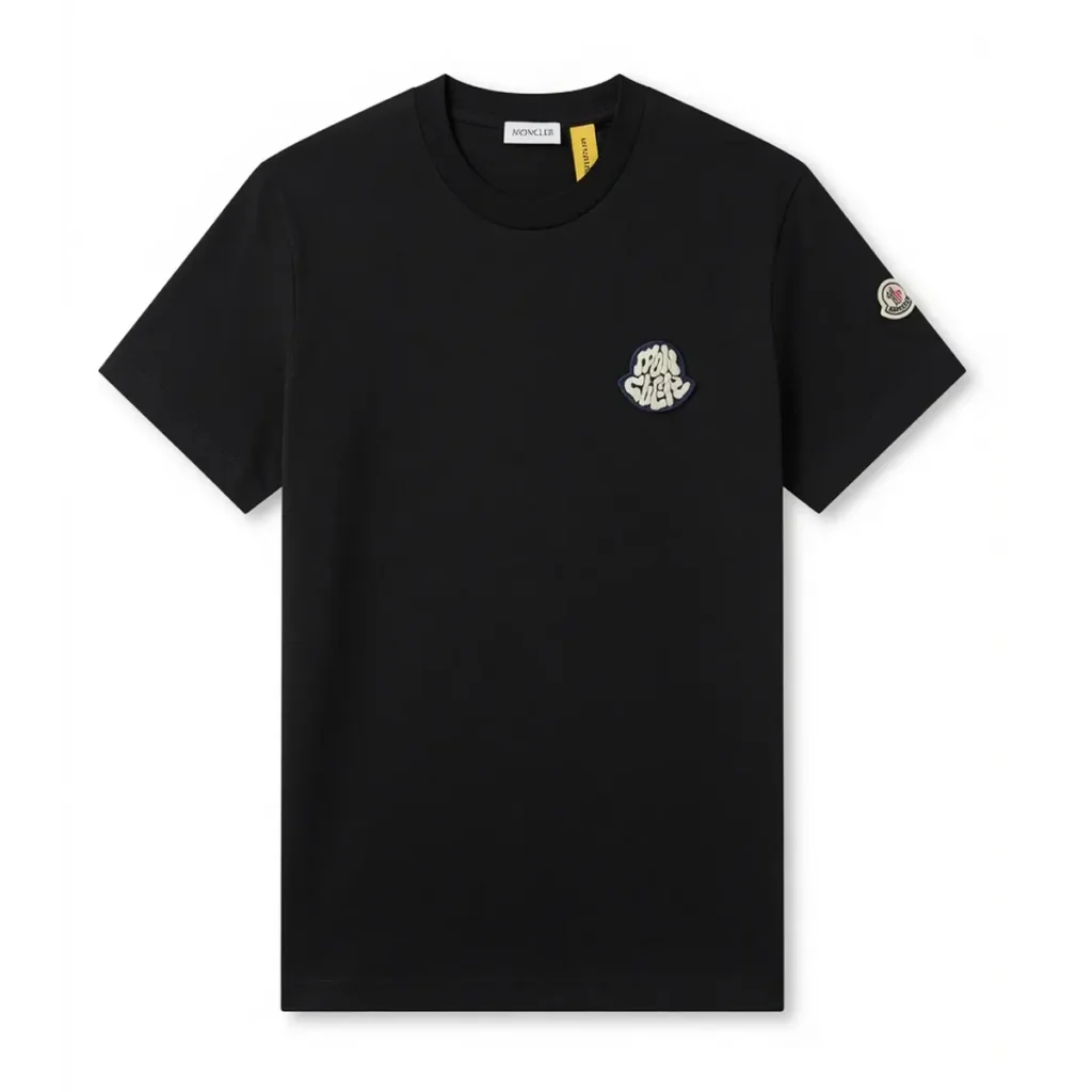 Mens Moncler Black Cotton Embroidered Wave Patch Logo T-Shirt