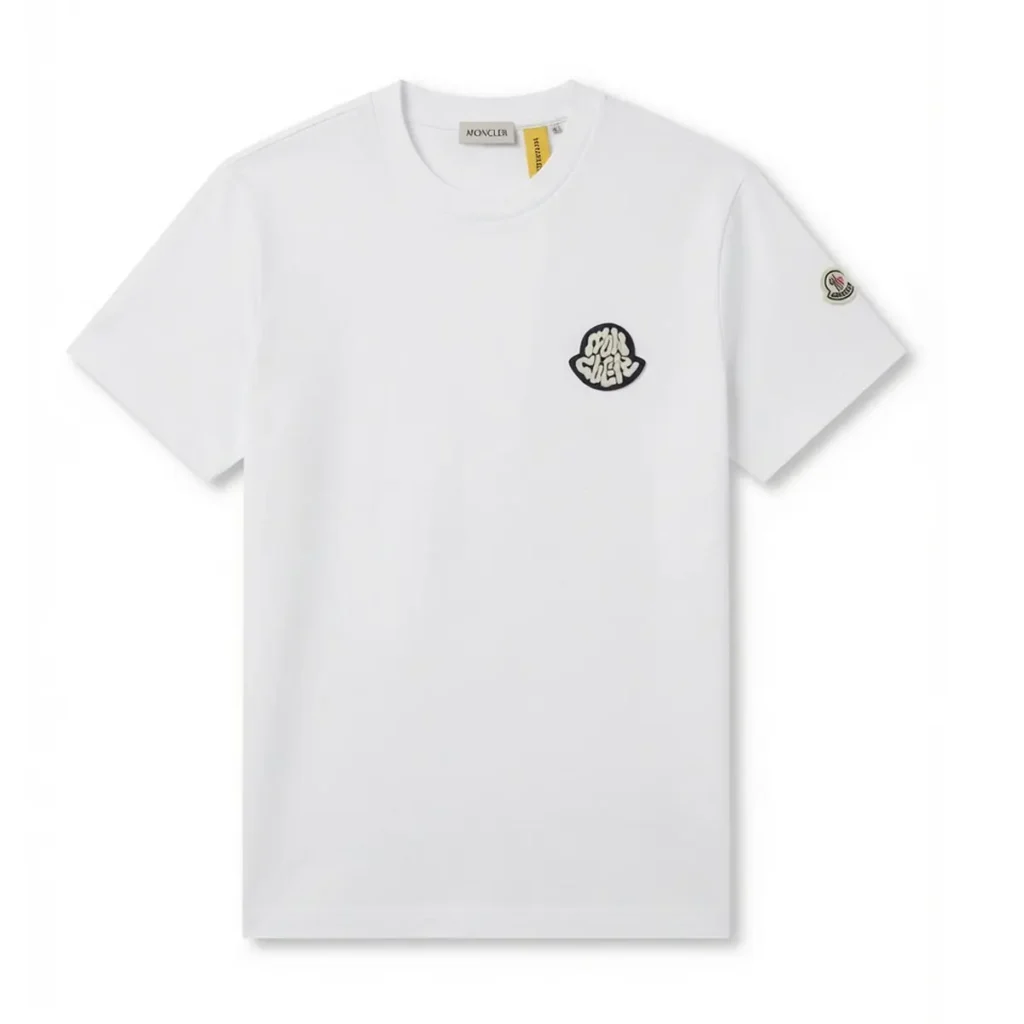 Mens Moncler White Cotton Embroidered Wave Patch Logo T-Shirt
