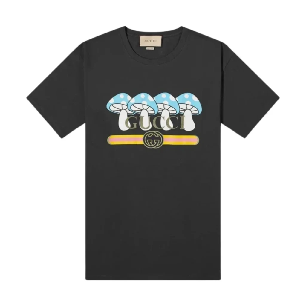 Mens Gucci Black Cotton Mushroom GG Logo Print  T-shirt