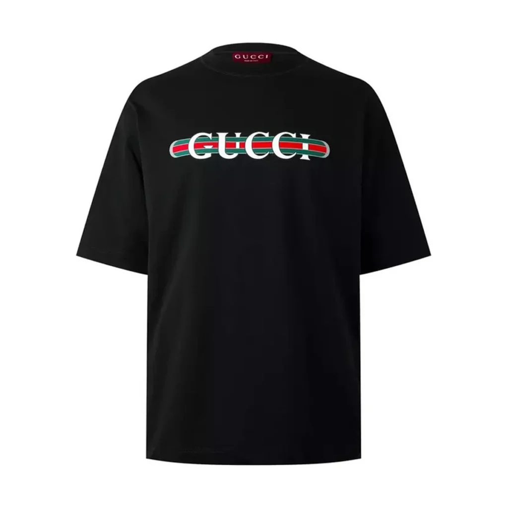Mens Gucci Black Cotton Web Stripe Logo Print T-Shirt