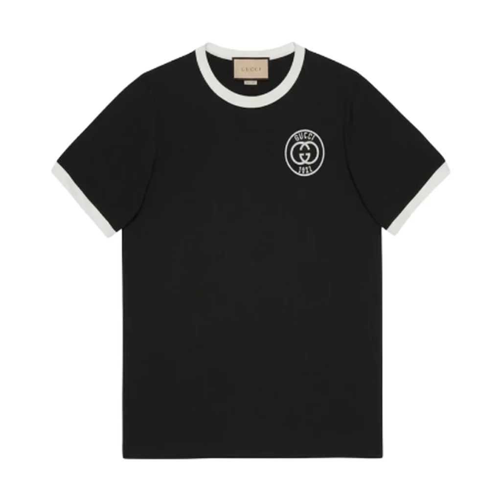 Mens Gucci Embroidered 1921 GG Patch Logo Black Crewneck Cotton Jersey T-Shirt