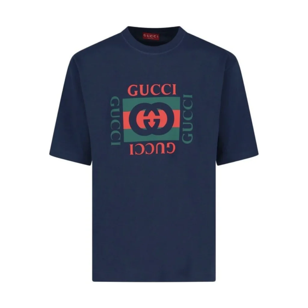 Mens Gucci Navy Blue Cotton Interlocking Box Logo Print T-Shirt