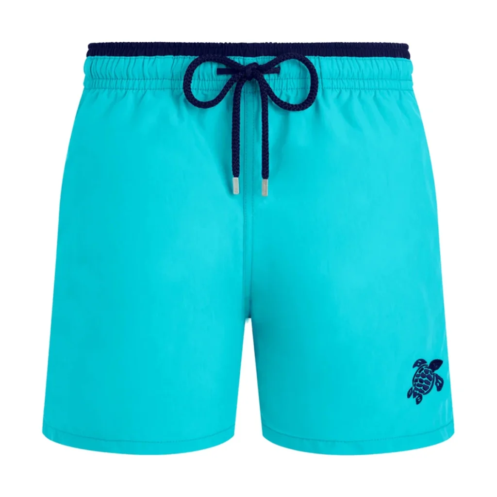 Mens Vilebrequin Bicolour Solid Moka Turtle Embroidered Aqua Blue Swim Shorts