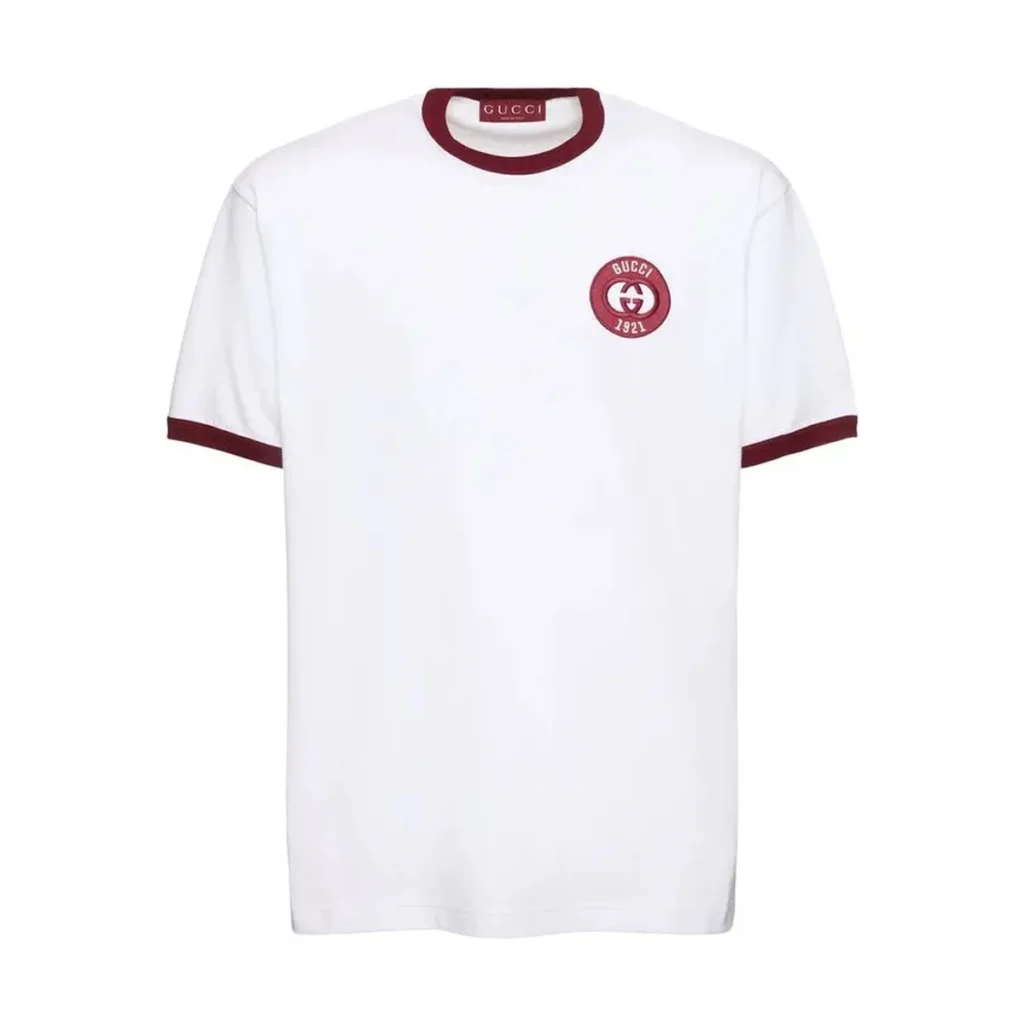 Mens Gucci White Cotton Embroidered 1921 Red Logo T-Shirt